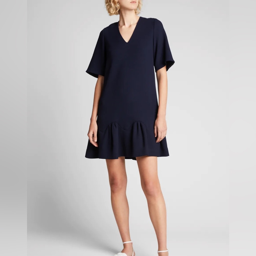 Lela Rose Navy Blue Crepe Ruffle Hem Woolblend Dress